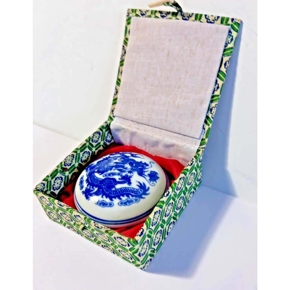 Vintage Blue White Dragon Lidded Jar Porcelain Asian Decor Collectible w/box
